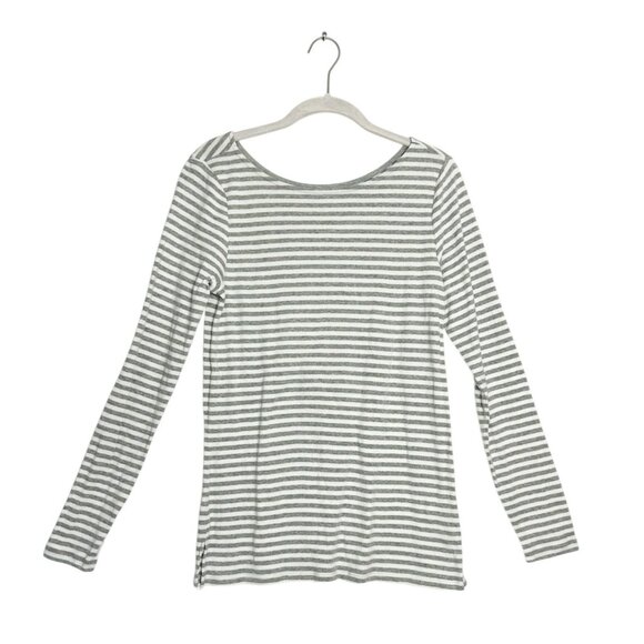 Gap Women's Stripe Super Soft Boat Neck Long Sleeve Top in Gray/White - Sz M - Picture 1 of 5